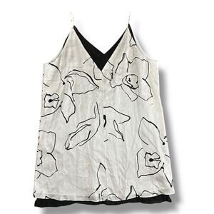 Club Monaco Women’s 14 Silk Double V-Neck Mini Dress White Black Floral Slip NWT